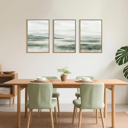 HOURIA Large Watercolor Misty Green Mountain Framed Canvas Wall Art,Neutral Brush Stroke Wall Decor,Modern Landscape Artwork,Nature Minimalist Art Print for Living Room,Bedroom,Office-24 x36 x3