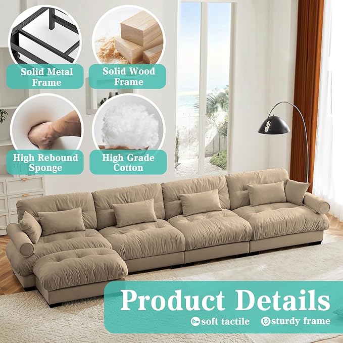 SoarFlash 166" Sectional Couches for Living Room, L Shaped Sofa Couch with Velvet Fabric, 4 Seat Modern Sofa with Ottoman, Removable Pillows for Apartment, Brown