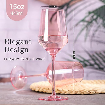 Physkoa Pink Wine Glasses Set 6-15oz Crystal Blush Pink Wine Glasses With Long Stem and Thin Rim,Perfect Pink Colored Wine Stemware for Wine Lover in Wedding,Bridal Shower