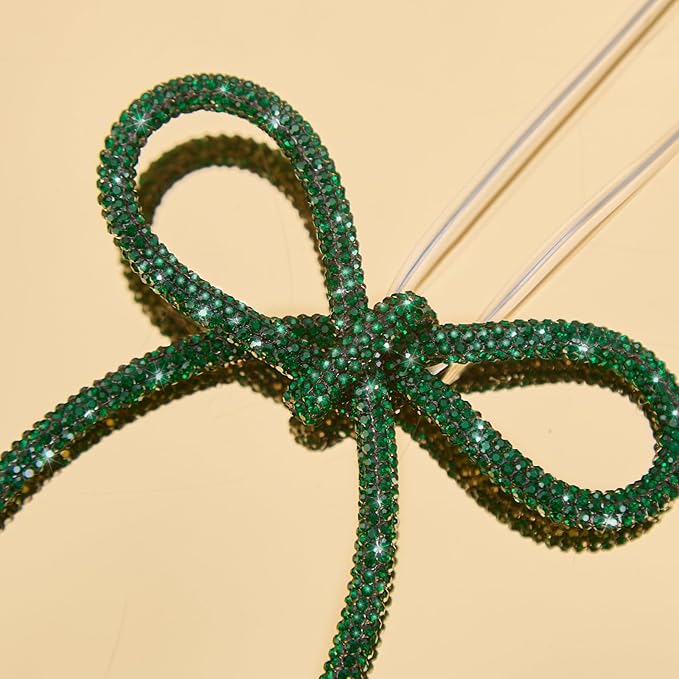 FLAIR GIFTS 6 Pcs 4.3" x 6" 2025 Christmas Bows for Tree Decor, Green Sparkly Glitter Rhinestone Bow Ornaments with Twist Tie for Xmas Decoration, Wreath, Garland, Gift Wrapping