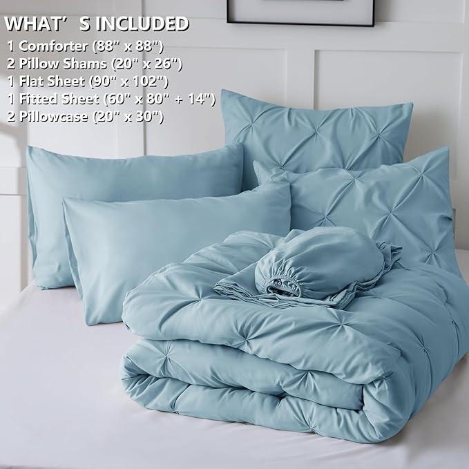 CozyLux Queen Comforter Set Light Blue, 7 Pieces Pintuck Bed in A Bag, Premium Blue Comforter Queen Size, Pinch Pleat Bedding Sets with Comforter, Sheets, Pillowcases & Shams