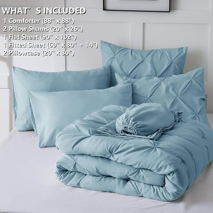 CozyLux Queen Comforter Set Light Blue, 7 Pieces Pintuck Bed in A Bag, Premium Blue Comforter Queen Size, Pinch Pleat Bedding Sets with Comforter, Sheets, Pillowcases & Shams