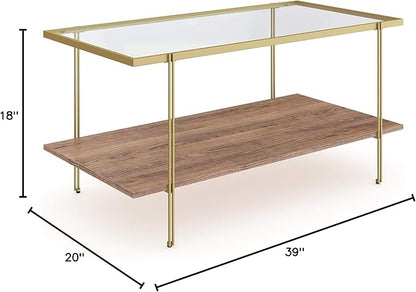 Nathan James Asher Mid-Century Rectangle Coffee Table Glass Top and Rustic Oak Storage Shelf with Sleek Brass Metal Legs, Gold