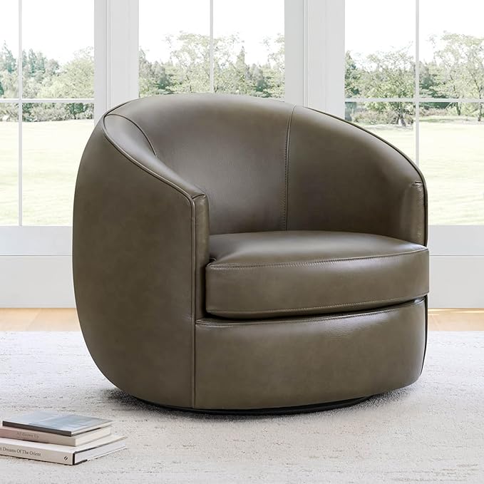 CHITA Genuine Leather Swivel Barrel Chair, Modern Comfy FSC Certified Upholstered Leather Accent Chair for Living Room, Fully Assembled, Mink Brown