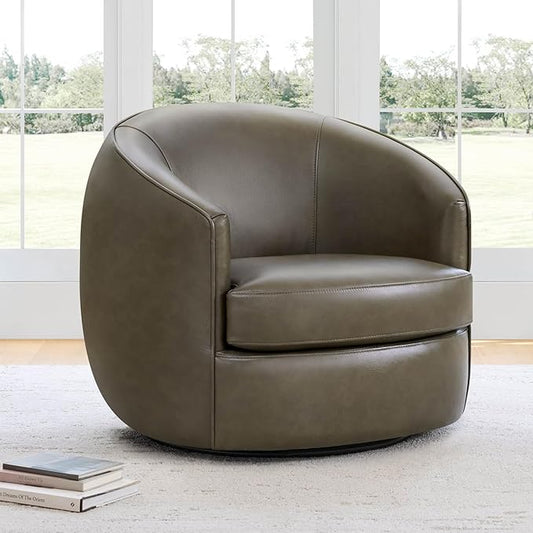 CHITA Genuine Leather Swivel Barrel Chair, Modern Comfy FSC Certified Upholstered Leather Accent Chair for Living Room, Fully Assembled, Mink Brown