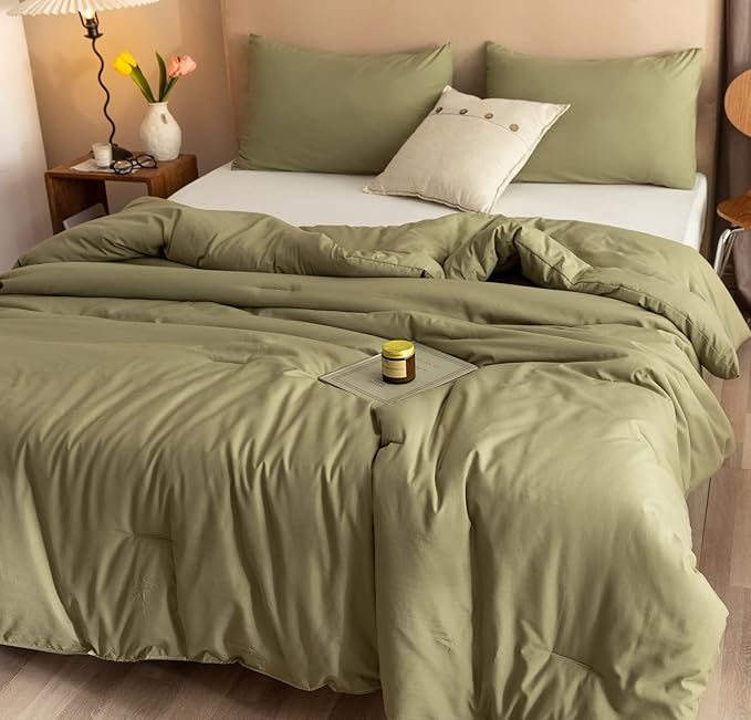 ROSGONIA Queen Comforter Set Olive Green, 3pcs Bedding Sets Queen (1 Boho Olive Comforter & 2 Pillowcases), All Season Lightweight Quilt