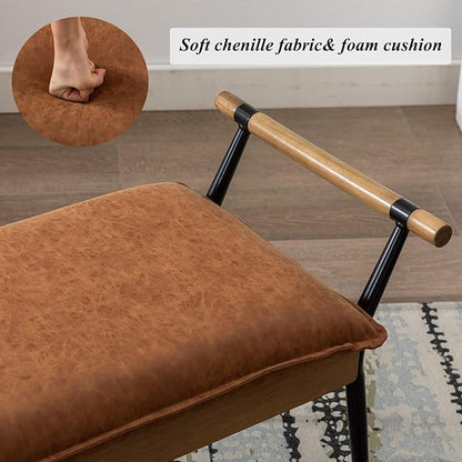DUOMAY Modern Rectangle Ottoman Bench with Arms and Metal Legs, Mid Century PU Bed Bench Footstool Entryway Shoe Bench for Dining Room Bedroom Living Room, Brown