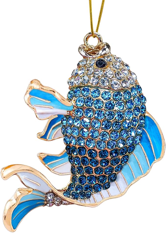 Fish Ornament, Fishing Ornaments for Christmas Tree - Christmas Ornaments for Men, Kids - Unique Beautiful Goldfish with Rhinestone, Gifts for Fisherman