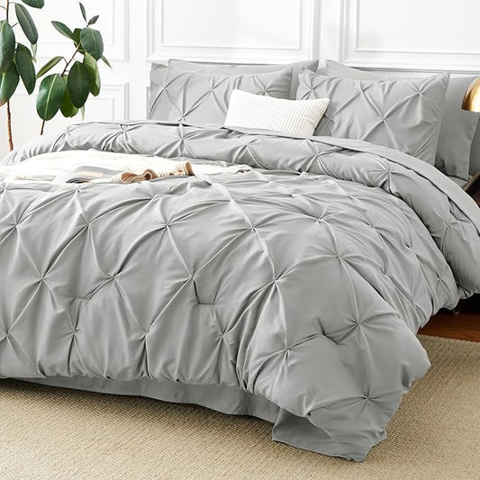 CozyLux Queen Comforter Set Light Grey, 7 Pieces Pintuck Bed in A Bag, Premium Gray Comforter Queen Size, Pinch Pleat Bedding Sets with Comforter, Sheets, Pillowcases & Shams