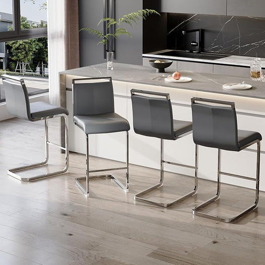 Bar Stools Set of 6,25" Counter Height Bar Stools with Footrest,Grey Faux Leather Kitchen Stools with Chrome Plated Metal Leg,Counter Height Stool Ideal for Island Pub Kitchen Counter Dining Chair