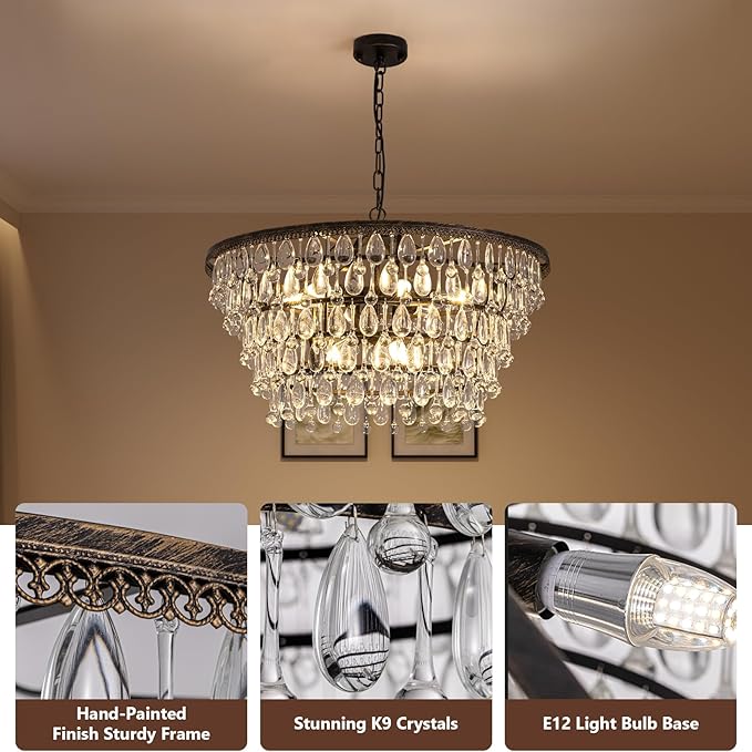 Vintage Crystal Chandeliers for Dining Room Light Fixture, 9-Light 5-Tier Antique Bronze Chandelier for Kitchen Island Bar Living Room Foyer Entryway, D28'' xH17''