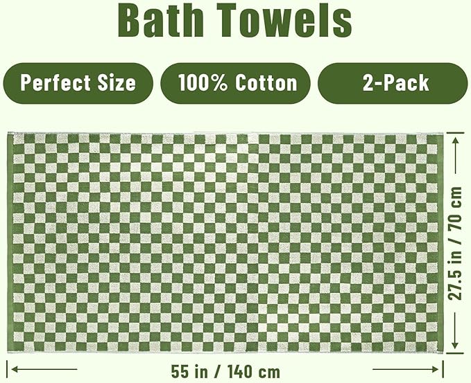 Jacquotha Bath Towels Set of 2  Luxury Cotton Bathroom Shower Towels Body 55” x 27.5” Absorbent Quick Dry, Green Checkered