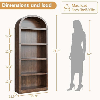 GarveeHome Bookcase 5 Shelf Arched Bookshelf 71.65in Tall Bookcase Farmhouse Display Storage Rack Wooden Bookshelves for Home Office, Living Room (Brown)