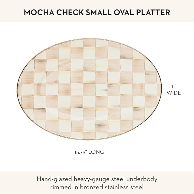 MACKENZIE-CHILDS Enamel Oval Platter, Serving Plate for Entertaining, Small, Brown-and-White Mocha Check