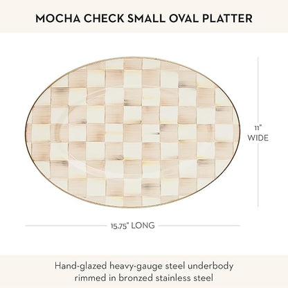 MACKENZIE-CHILDS Enamel Oval Platter, Serving Plate for Entertaining, Small, Brown-and-White Mocha Check