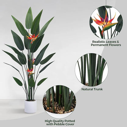 Artificial Bird of Paradise Plant 5 Ft Tall Fake Banana Leaf Plant for Indoors and Outdoors, Artificial Flowers, Faux Palm Tree with Plastic Pot for Office and Home Decor