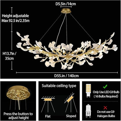 Modern Gold Tree Branch Chandeliers for Dining Room,55" Rectangle Ceramic Ginkgo Leaf Chandelier, Dining Chandelier Over Table,Linear Chandeliers for Dining Room, Living,Kitchen