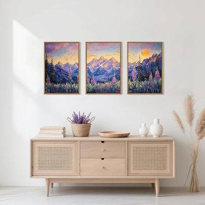 HOURIA Purple Sunset Mountain Landscape Framed Canvas Wall Art Set,Nature Pine Tree Wildflowers Wall Decor,Golden Sunlight Wall Painting,Modern Field Art Prints for Living Room, Bedroom-24 x36 x3
