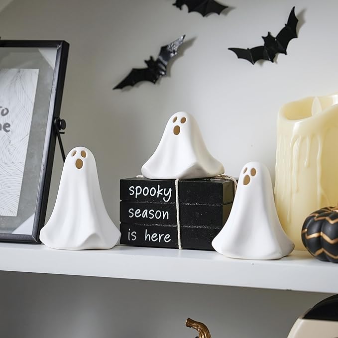 Ghost Decor, 3Pcs Light Up Ghosts for Indoor Halloween Decorations, Battery Powered White Mini Ghost Figurines with LED for Spooky Halloween, Home Tabletop Shelf Centerpieces