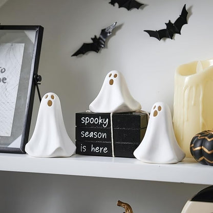 Ghost Decor, 3Pcs Light Up Ghosts for Indoor Halloween Decorations, Battery Powered White Mini Ghost Figurines with LED for Spooky Halloween, Home Tabletop Shelf Centerpieces