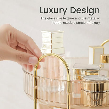 Aveniee Rotating Makeup Organizer for Vanity, 3 Tier Perfume Skincare Organizers and Storage for Bathroom Countertop, Clear Spinning Counter Shelf Cosmetic Holder for Dresser,Gold