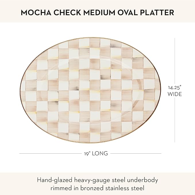 MACKENZIE-CHILDS Enamel Oval Platter, Serving Plate for Entertaining, Medium, Brown-and-White Mocha Check