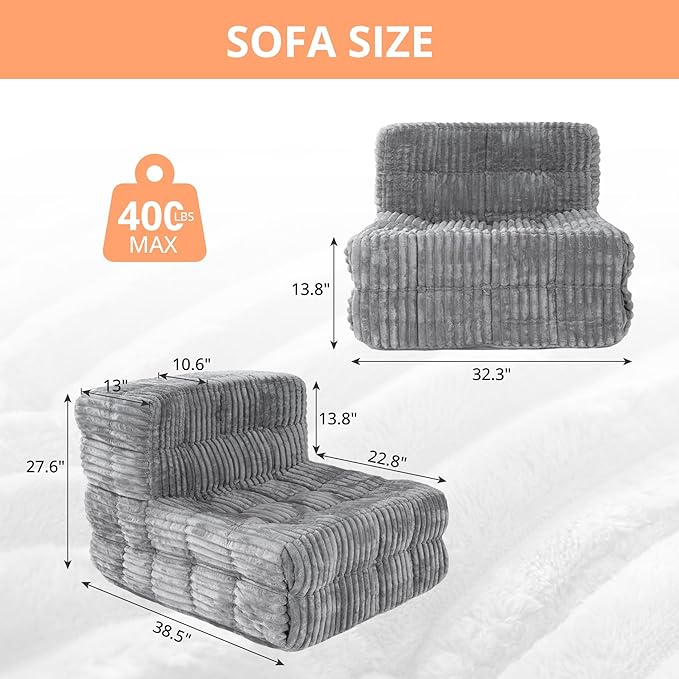 Armless Fireside Couch Hybrid Bean Bag Floor Sofa, Light Gray