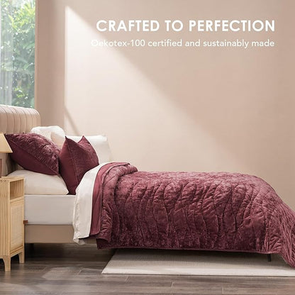 EVERGRACE Luxury Velvet Quilt King Size, Ultra Soft Wave Crushed Velvet Bedding Set, Lightweight Quilted Comforter Set for All Season, Oversized Bedspread Coverlet with 2 Shams, Burgundy