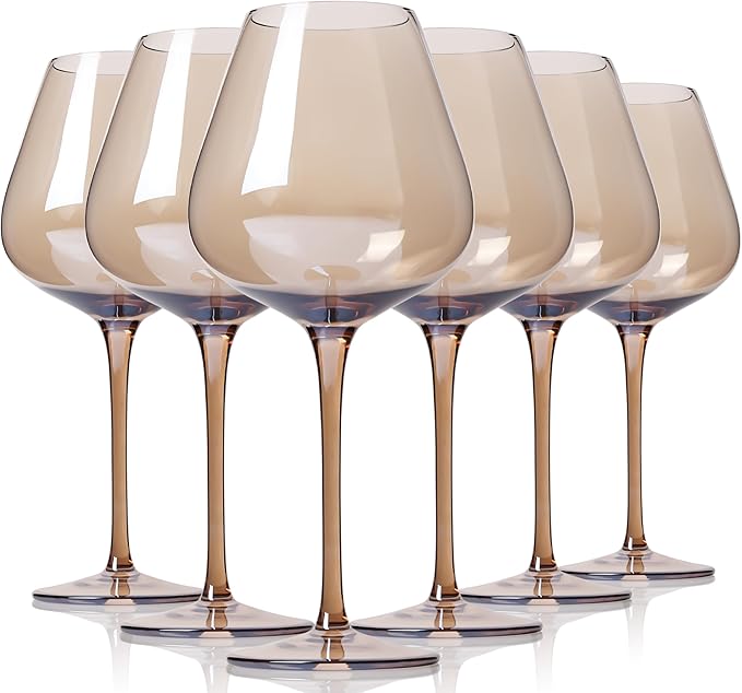 Physkoa 2025 Trendy Mocha Mousse Color Wine Glasses Set 6-18oz Long Stem Amber Smokey Wine Glasses-Hand Blown Mocha Stemware for Home Party