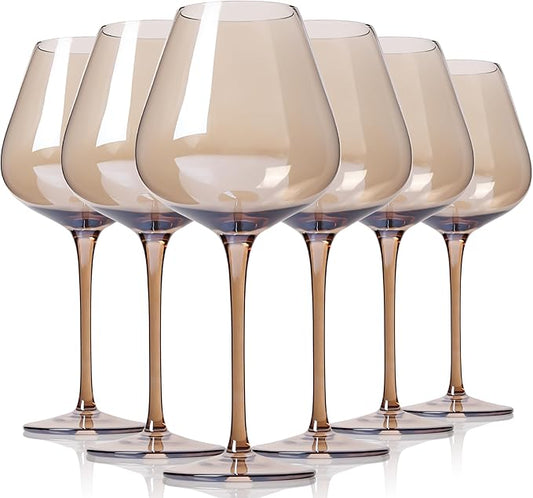Physkoa 2025 Trendy Mocha Mousse Color Wine Glasses Set 6-18oz Long Stem Amber Smokey Wine Glasses-Hand Blown Mocha Stemware for Home Party