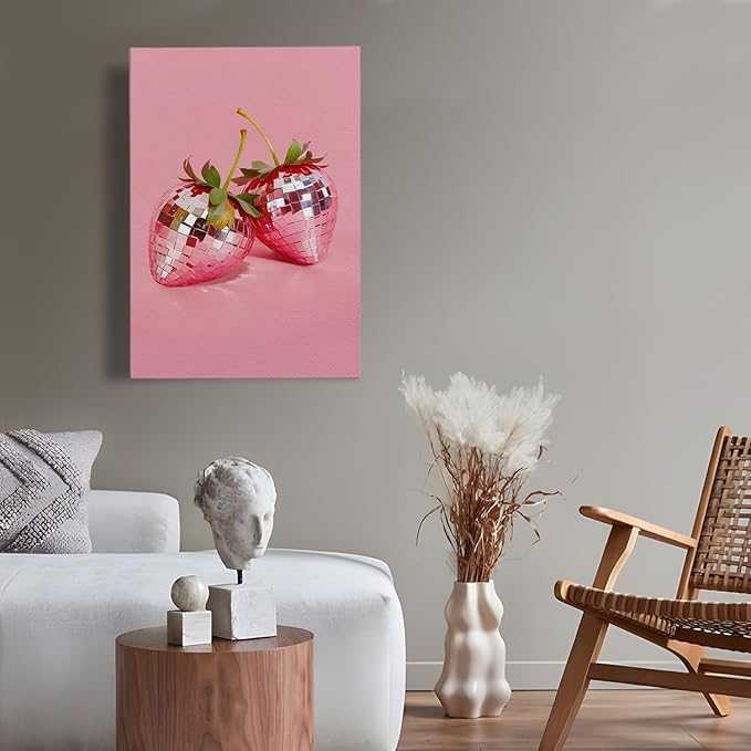 APJYM Funky Red Strawberry Wall Art, Trendy Retro Y2K Disco Ball Strawberry Canvas Wall Art, Aesthetic Posters for Girls Bedroom, Pink Room Decor Y2K, Preppy Room Decor, 16x24 Inches Framed