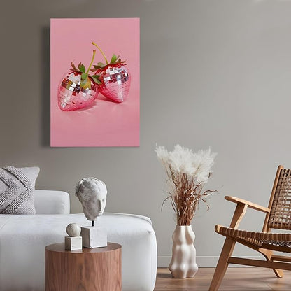 APJYM Funky Red Strawberry Wall Art, Trendy Retro Y2K Disco Ball Strawberry Canvas Wall Art, Aesthetic Posters for Girls Bedroom, Pink Room Decor Y2K, Preppy Room Decor, 16x24 Inches Framed