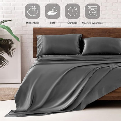 MR&HM Satin Bed Sheets, Queen Size Sheets Set, 4 Pcs Silky Bedding Set with 15 Inches Deep Pocket for Mattress (Queen, Dark Grey)