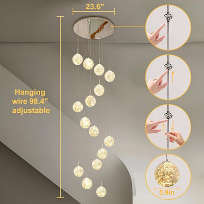 15-Light Foyer Chandeliers for High Ceilings LED Staircase Chandelier Large Chandeliers for High Ceilings, Entryway Modern Lighting Fixture Villas and Stairs, Adjustable Length 23" W x100 H,75W