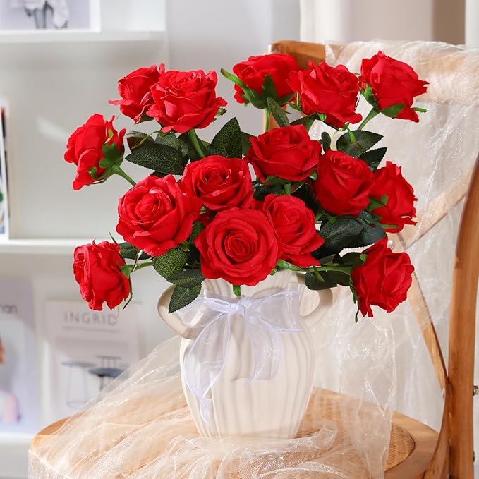 Nubry 50pcs Artificial Silk Roses Bulk,Fake Roses Flower with Stems Realistic Flowers for Wedding Centerpiece Home Party Decor(Red)