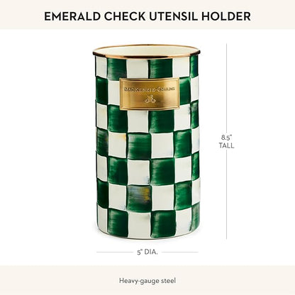 MACKENZIE-CHILDS Enamel Utensil Holder, Kitchen Utensil Holder for Countertop, Green-and-White Emerald Check