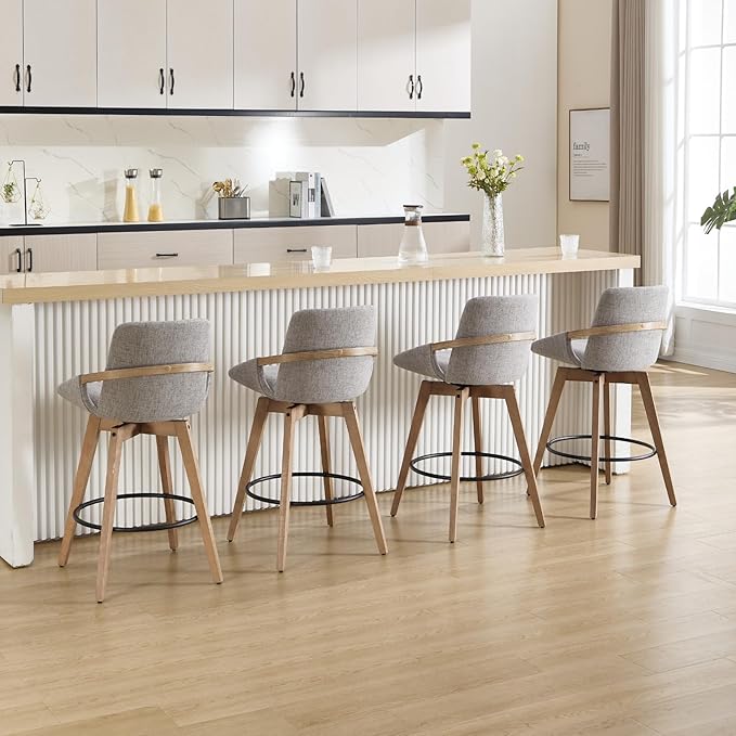 Mid-Century Swivel Bar Stools Set of 2, 26.5 inch Counter Height Barstools Linen Fabric Bar Chairs with Wooden Frame for Kitchen Island Dining Room, Grey