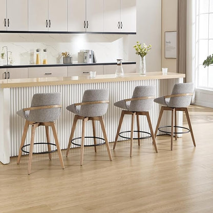 Mid-Century Swivel Bar Stools Set of 4, 26.5 inch Counter Height Barstools Linen Fabric Bar Chairs with Wooden Frame for Kitchen Island Dining Room, Grey