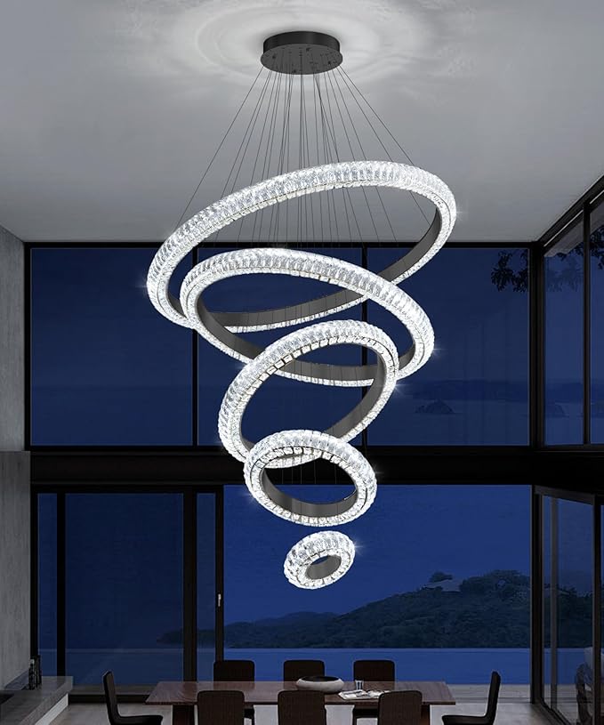 5 Ring Large Crystal Chandelier Modern LED Dimmable High Ceiling Chandelier Ring Contemporary Pendant Light Fixture for Living Room Foyer Staircase Gold D40''