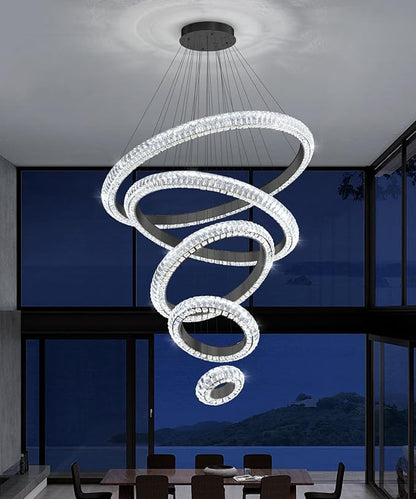 5 Ring Large Crystal Chandelier Modern LED Dimmable High Ceiling Chandelier Ring Contemporary Pendant Light Fixture for Living Room Foyer Staircase Gold D40''