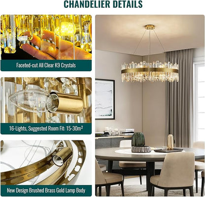 Siljoy Modern Crystal Chandelier 16-Light Large Luxury Gold 2-Tiers Raindrop Chandelier Flush Mount Crystal Pendant Ceiling Light Fixture for Living Room Dining Room Entryway Foyer D31.5''