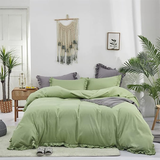 CLOTHKNOW Green Ruffle Comforter Twin/Twin XL Sage Green Bedding Comforter Sets Farmhouse Shabby Chic Comforter Set Vintage Rustic Soft