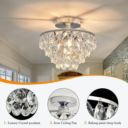 YYJLX Modern E26 Small Crystal Chandelier Semi Flush Mount Ceiling Light Fixture Silver Ceiling Lamp for Hallway Bedroom Bathroom Closet Bedroom Foyer （Chrome）