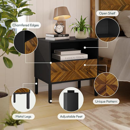 Bme Vivian Side Tables Bedroom, Solid Wood Bed Side Table, Mid Century Modern End Table with Drawer, Herringbone Pattern, Compact for Bedroom & Living Room, Easy Assembly, Chestnut