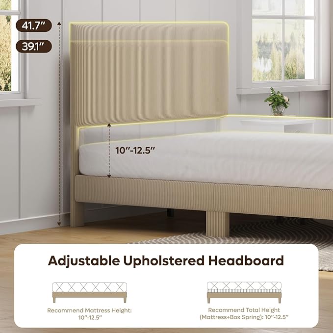 Bestier Queen Bed Frame with Adjustable Headboard, LED Lighting, Vertical Channel Tufted Corduroy Upholstered, Solid Wooden Slats Support, No Box Spring Needed, Never Squeaks, Easy Assembly, Taupe