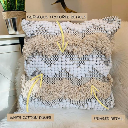 Throw Boho Pillow Cover, 18”x18” Bohemian Moroccan Rustic Decorative Pillows with Tufted Accents, Plush Handwoven Cotton, Textured Woven Neutral Farmhouse Scandinavian Home Decor (no Insert)