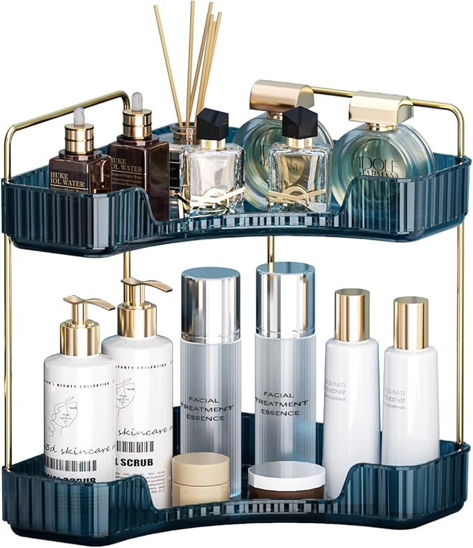 Corner Bathroom Counter Organizer Bathroom Countertop Shelf Makeup Organizer for Vanity Perfume Corner Storage (2 Tiers, Blue)