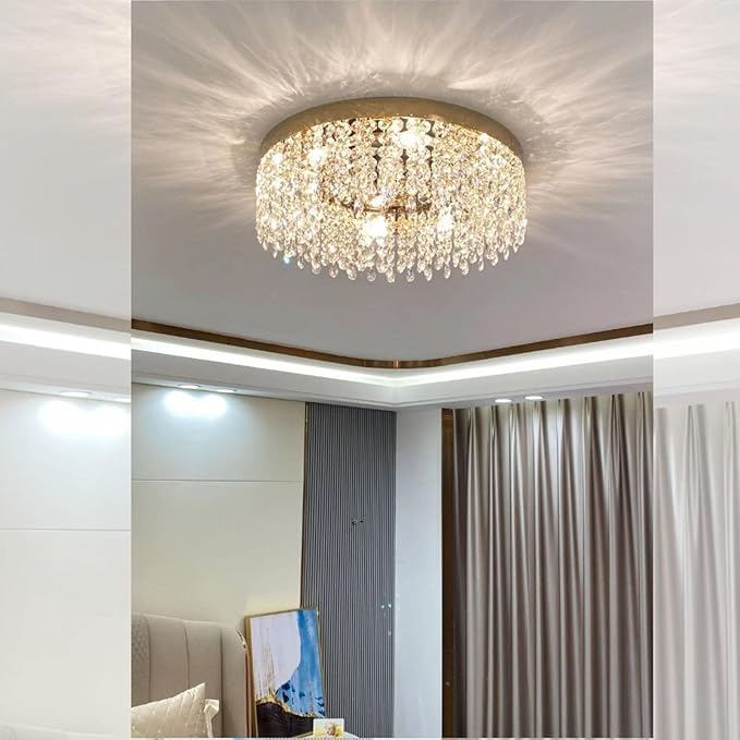 Modern Gold Crystal Ceiling Light Chandelier 31.5in Raindrop Crystal Chandelier Large Flush Mount Light Fixtures for Living Room Dining Room Bedroom