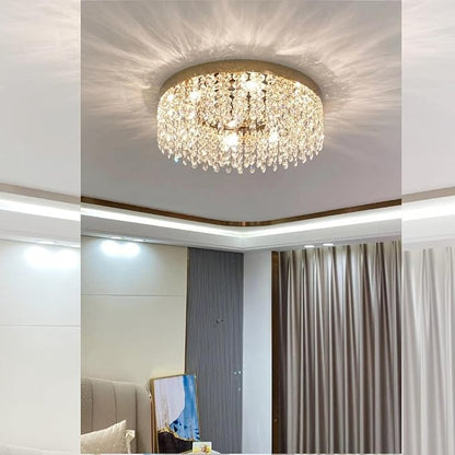 Modern Gold Crystal Ceiling Light Chandelier 31.5in Raindrop Crystal Chandelier Large Flush Mount Light Fixtures for Living Room Dining Room Bedroom