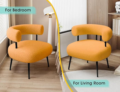 Modern Accent Chair, Round Upholstered Barrel Armchair for Small Spaces, Fluffy Side Corner Sherpa Chair for Living Room, Bedroom